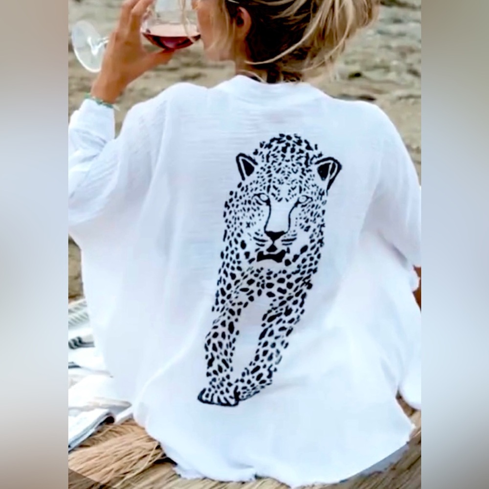 White Kimono with Leopard Print